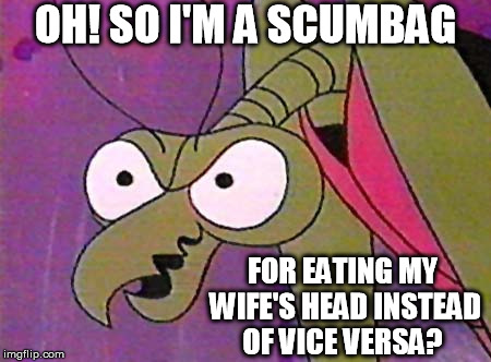 Zorak Mantis memes 4 | OH! SO I'M A SCUMBAG FOR EATING MY WIFE'S HEAD INSTEAD OF VICE VERSA? | image tagged in zorak mantis memes 4 | made w/ Imgflip meme maker
