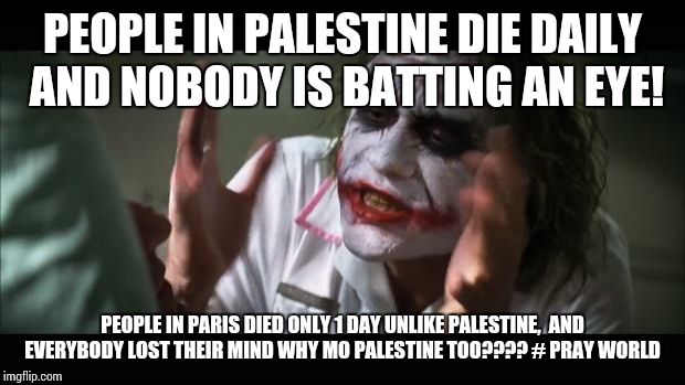 And everybody loses their minds | PEOPLE IN PALESTINE DIE DAILY AND NOBODY IS BATTING AN EYE! PEOPLE IN PARIS DIED ONLY 1 DAY UNLIKE PALESTINE,  AND EVERYBODY LOST THEIR MIND | image tagged in memes,and everybody loses their minds | made w/ Imgflip meme maker