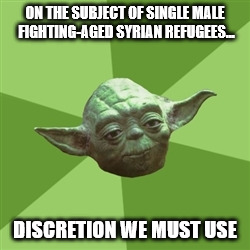 Advice Yoda Meme | ON THE SUBJECT OF SINGLE MALE FIGHTING-AGED SYRIAN REFUGEES... DISCRETION WE MUST USE | image tagged in memes,advice yoda | made w/ Imgflip meme maker