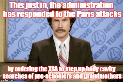 was refraining from submitting this one, then i saw that liberals can't even say the word "muslim" any more | This just in, the administration has responded to the Paris attacks by ordering the TSA to step up body cavity searches of pre-schoolers and | image tagged in memes,ron burgundy | made w/ Imgflip meme maker