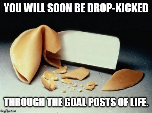 Fortune Cookie | YOU WILL SOON BE DROP-KICKED THROUGH THE GOAL POSTS OF LIFE. | image tagged in fortune cookie | made w/ Imgflip meme maker