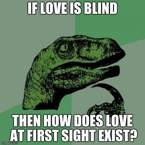 Philosoraptor | IF LOVE IS BLIND THEN HOW DOES LOVE AT FIRST SIGHT EXIST? | image tagged in memes,philosoraptor | made w/ Imgflip meme maker