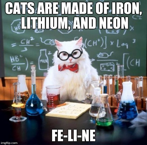 Chemistry Cat Meme | CATS ARE MADE OF IRON, LITHIUM, AND NEON FE-LI-NE | image tagged in memes,chemistry cat | made w/ Imgflip meme maker