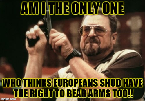 Am I The Only One Around Here | AM I THE ONLY ONE WHO THINKS EUROPEANS SHUD HAVE THE RIGHT TO BEAR ARMS TOO!! | image tagged in memes,am i the only one around here | made w/ Imgflip meme maker