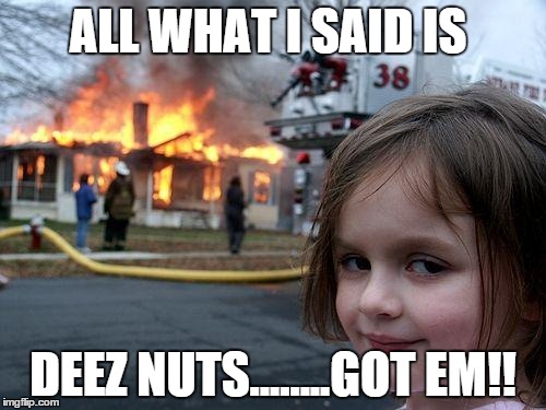 Disaster Girl | ALL WHAT I SAID IS DEEZ NUTS........GOT EM!! | image tagged in memes,disaster girl | made w/ Imgflip meme maker