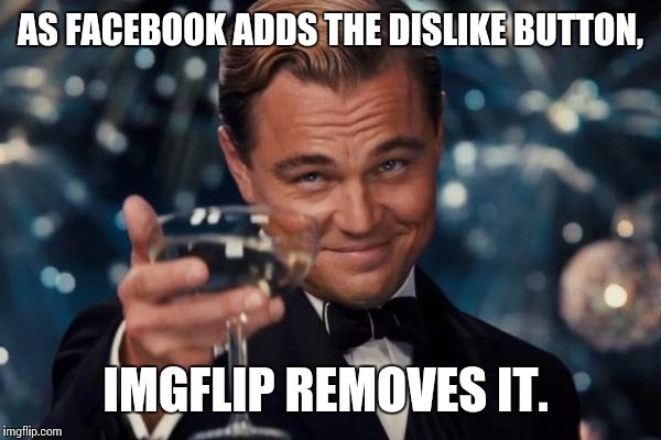 Leonardo Dicaprio Cheers Meme | AS FACEBOOK ADDS THE DISLIKE BUTTON, IMGFLIP REMOVES IT. | image tagged in memes,leonardo dicaprio cheers | made w/ Imgflip meme maker