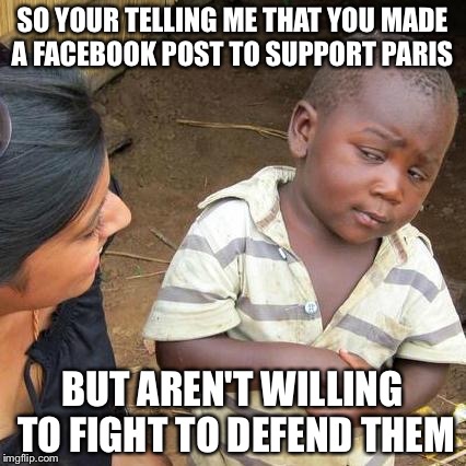 Do You Really Support Paris | SO YOUR TELLING ME THAT YOU MADE A FACEBOOK POST TO SUPPORT PARIS BUT AREN'T WILLING TO FIGHT TO DEFEND THEM | image tagged in memes,third world skeptical kid,pray for paris,defender | made w/ Imgflip meme maker