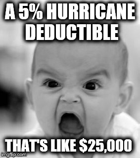Angry Baby Meme | A 5% HURRICANE DEDUCTIBLE THAT'S LIKE $25,000 | image tagged in memes,angry baby | made w/ Imgflip meme maker