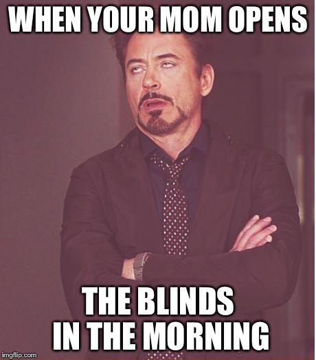 Face You Make Robert Downey Jr | WHEN YOUR MOM OPENS THE BLINDS IN THE MORNING | image tagged in memes,face you make robert downey jr | made w/ Imgflip meme maker