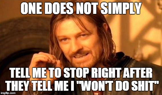 One Does Not Simply | ONE DOES NOT SIMPLY TELL ME TO STOP RIGHT AFTER THEY TELL ME I "WON'T DO SHIT" | image tagged in memes,one does not simply | made w/ Imgflip meme maker
