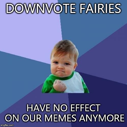 Success Kid | DOWNVOTE FAIRIES HAVE NO EFFECT ON OUR MEMES ANYMORE | image tagged in memes,success kid | made w/ Imgflip meme maker