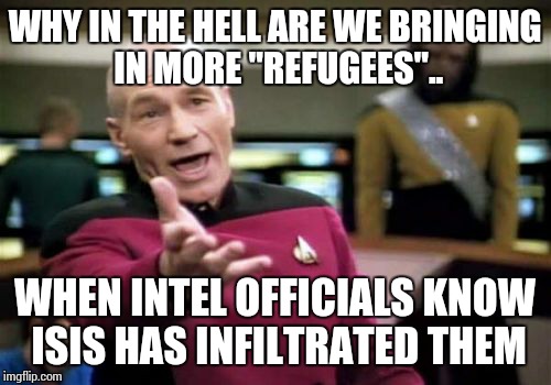 Picard Wtf Meme | WHY IN THE HELL ARE WE BRINGING IN MORE "REFUGEES".. WHEN INTEL OFFICIALS KNOW ISIS HAS INFILTRATED THEM | image tagged in memes,picard wtf | made w/ Imgflip meme maker