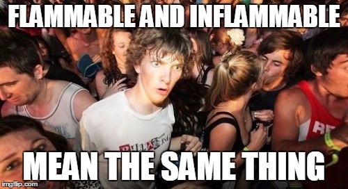 Sudden Clarity Clarence | FLAMMABLE AND INFLAMMABLE MEAN THE SAME THING | image tagged in memes,sudden clarity clarence | made w/ Imgflip meme maker