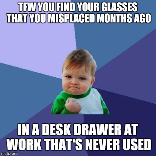 Success Kid | TFW YOU FIND YOUR GLASSES THAT YOU MISPLACED MONTHS AGO IN A DESK DRAWER AT WORK THAT'S NEVER USED | image tagged in memes,success kid | made w/ Imgflip meme maker