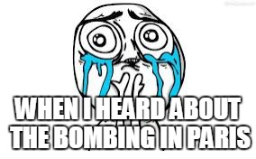 Pray for Paris | WHEN I HEARD ABOUT THE BOMBING IN PARIS | image tagged in memes,crying because of cute,prayforparis | made w/ Imgflip meme maker