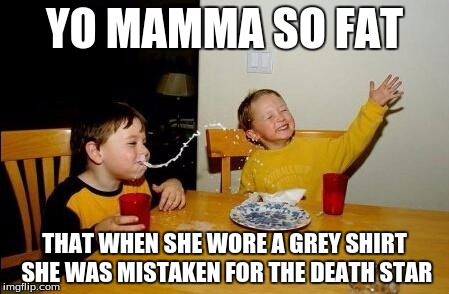 how about a star wars meme? | YO MAMMA SO FAT THAT WHEN SHE WORE A GREY SHIRT SHE WAS MISTAKEN FOR THE DEATH STAR | image tagged in yo mama so fat,star wars | made w/ Imgflip meme maker