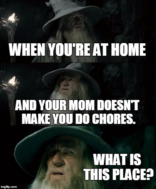 Confused Gandalf | WHEN YOU'RE AT HOME AND YOUR MOM DOESN'T MAKE YOU DO CHORES. WHAT IS THIS PLACE? | image tagged in memes,confused gandalf | made w/ Imgflip meme maker