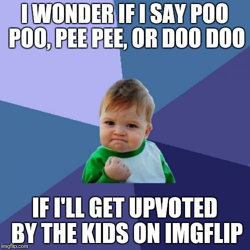 Success Kid Meme | I WONDER IF I SAY POO POO, PEE PEE, OR DOO DOO IF I'LL GET UPVOTED BY THE KIDS ON IMGFLIP | image tagged in memes,success kid | made w/ Imgflip meme maker