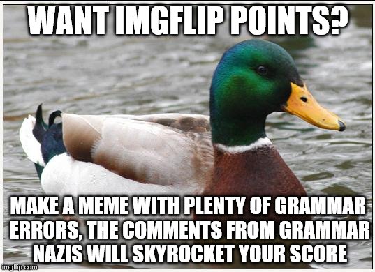 Try It | WANT IMGFLIP POINTS? MAKE A MEME WITH PLENTY OF GRAMMAR ERRORS, THE COMMENTS FROM GRAMMAR NAZIS WILL SKYROCKET YOUR SCORE | image tagged in memes,actual advice mallard,grammar nazi | made w/ Imgflip meme maker