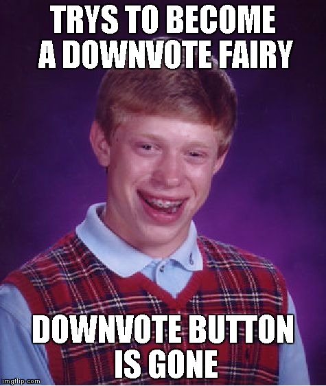 Bad Luck Brian Meme | TRYS TO BECOME A DOWNVOTE FAIRY DOWNVOTE BUTTON IS GONE | image tagged in memes,bad luck brian | made w/ Imgflip meme maker