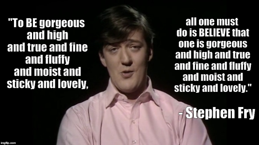 Advice from Stephen | "To BE gorgeous and high and true and fine and fluffy and moist and sticky and lovely, all one must do is BELIEVE that one is gorgeous and h | image tagged in stephen fry,fry and laurie | made w/ Imgflip meme maker