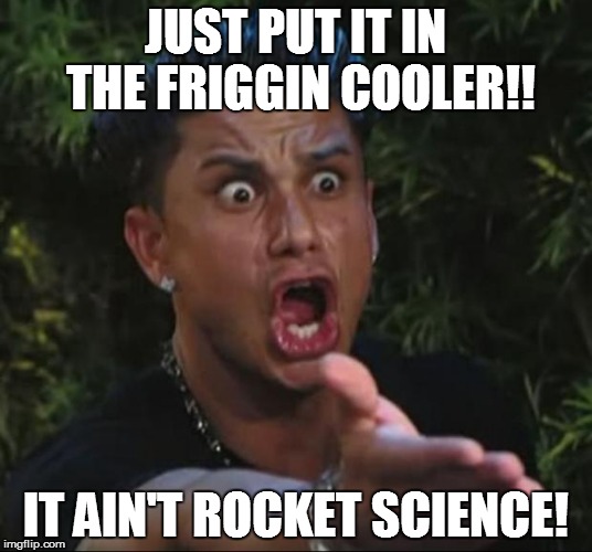 DJ Pauly D | JUST PUT IT IN THE FRIGGIN COOLER!! IT AIN'T ROCKET SCIENCE! | image tagged in memes,dj pauly d | made w/ Imgflip meme maker