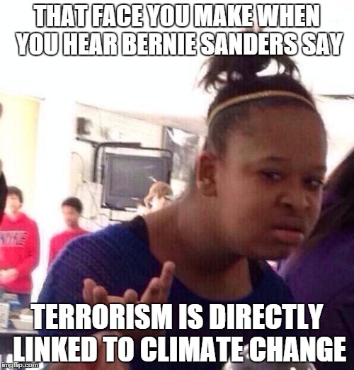 Bernie said wat? | THAT FACE YOU MAKE WHEN YOU HEAR BERNIE SANDERS SAY TERRORISM IS DIRECTLY LINKED TO CLIMATE CHANGE | image tagged in memes,black girl wat,bernie sanders | made w/ Imgflip meme maker