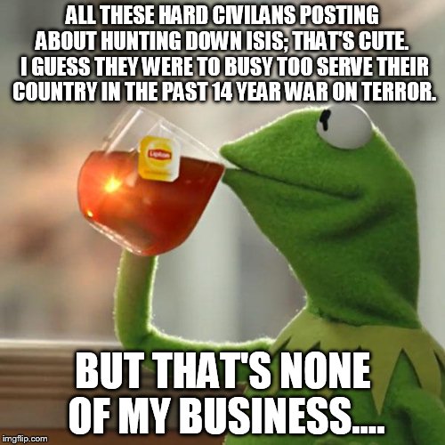 But That's None Of My Business Meme | ALL THESE HARD CIVILANS POSTING ABOUT HUNTING DOWN ISIS; THAT'S CUTE.  I GUESS THEY WERE TO BUSY TOO SERVE THEIR COUNTRY IN THE PAST 14 YEAR | image tagged in memes,but thats none of my business,kermit the frog | made w/ Imgflip meme maker