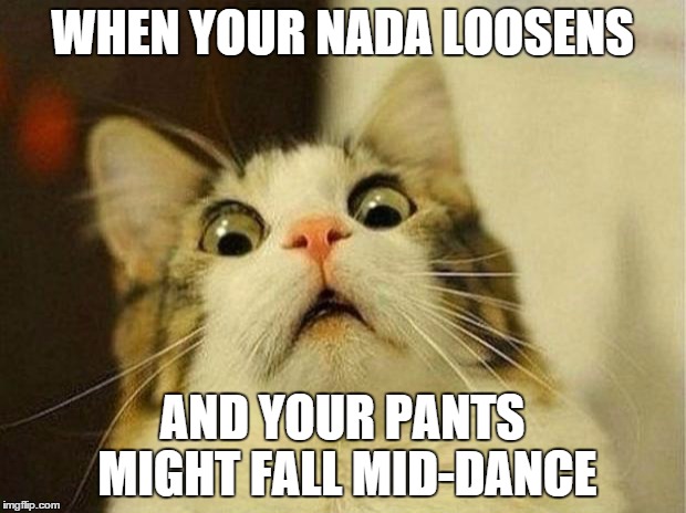 Scared Cat Meme | WHEN YOUR NADA LOOSENS AND YOUR PANTS MIGHT FALL MID-DANCE | image tagged in memes,scared cat | made w/ Imgflip meme maker