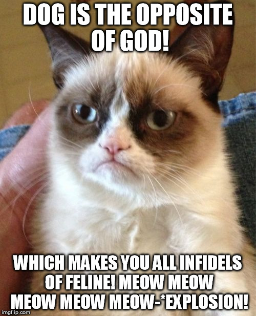 Grumpy Cat Meme | DOG IS THE OPPOSITE OF GOD! WHICH MAKES YOU ALL INFIDELS OF FELINE! MEOW MEOW MEOW MEOW MEOW-*EXPLOSION! | image tagged in memes,grumpy cat | made w/ Imgflip meme maker