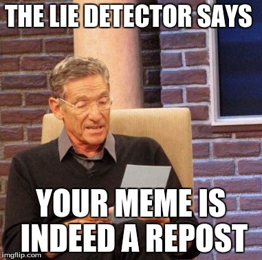 THE LIE DETECTOR SAYS YOUR MEME IS INDEED A REPOST | image tagged in memes,maury lie detector | made w/ Imgflip meme maker