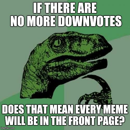 Philosoraptor | IF THERE ARE NO MORE DOWNVOTES DOES THAT MEAN EVERY MEME WILL BE IN THE FRONT PAGE? | image tagged in memes,philosoraptor | made w/ Imgflip meme maker