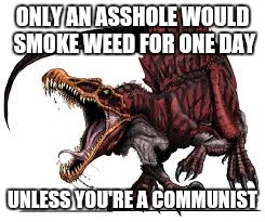 Communist Spinosaurus | ONLY AN ASSHOLE WOULD SMOKE WEED FOR ONE DAY UNLESS YOU'RE A COMMUNIST | image tagged in communist spinosaurus | made w/ Imgflip meme maker