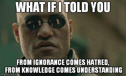 Matrix Morpheus | WHAT IF I TOLD YOU FROM IGNORANCE COMES HATRED, FROM KNOWLEDGE COMES UNDERSTANDING | image tagged in memes,matrix morpheus | made w/ Imgflip meme maker