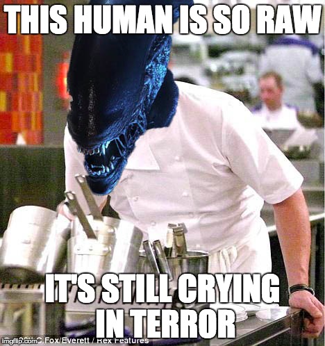 Messing around in Photoshop can be fun | THIS HUMAN IS SO RAW IT'S STILL CRYING IN TERROR | image tagged in aliens,alien,memes,meme | made w/ Imgflip meme maker