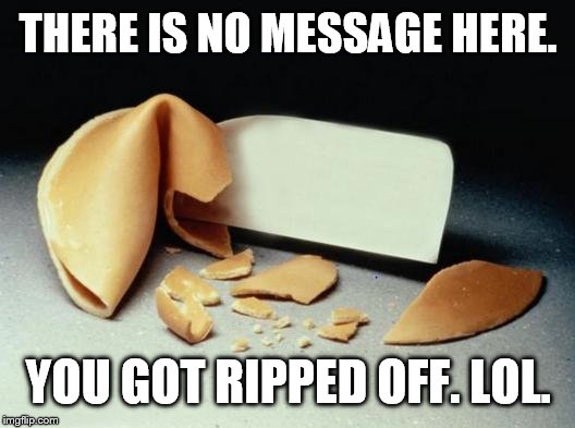 Fortune Cookie | THERE IS NO MESSAGE HERE. YOU GOT RIPPED OFF. LOL. | image tagged in fortune cookie | made w/ Imgflip meme maker