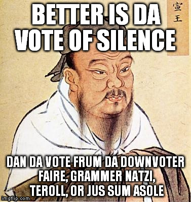 Confucius Gets It! | BETTER IS DA VOTE OF SILENCE DAN DA VOTE FRUM DA DOWNVOTER FAIRE, GRAMMER NATZI, TEROLL, OR JUS SUM ASOLE | image tagged in confucius,memes,troll,grammar nazi,downvote fairy,funny | made w/ Imgflip meme maker