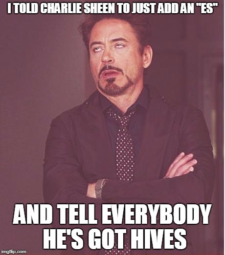 Face You Make Robert Downey Jr | I TOLD CHARLIE SHEEN TO JUST ADD AN "ES" AND TELL EVERYBODY HE'S GOT HIVES | image tagged in memes,face you make robert downey jr | made w/ Imgflip meme maker