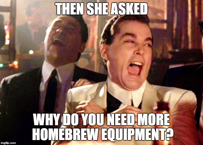 Good Fellas Hilarious Meme | THEN SHE ASKED WHY DO YOU NEED MORE HOMEBREW EQUIPMENT? | image tagged in ray liotta laughing in goodfellas | made w/ Imgflip meme maker