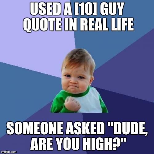 I'm assuming this is a success | USED A [10] GUY QUOTE IN REAL LIFE SOMEONE ASKED "DUDE, ARE YOU HIGH?" | image tagged in memes,success kid | made w/ Imgflip meme maker