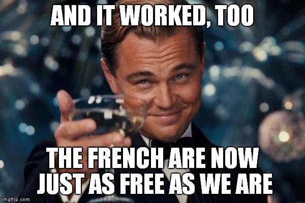 Leonardo Dicaprio Cheers Meme | AND IT WORKED, TOO THE FRENCH ARE NOW JUST AS FREE AS WE ARE | image tagged in memes,leonardo dicaprio cheers | made w/ Imgflip meme maker