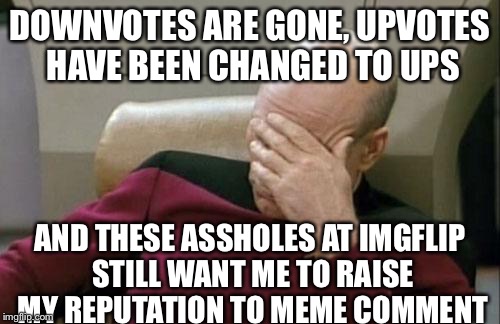 Captain Picard Facepalm Meme | DOWNVOTES ARE GONE, UPVOTES HAVE BEEN CHANGED TO UPS AND THESE ASSHOLES AT IMGFLIP STILL WANT ME TO RAISE MY REPUTATION TO MEME COMMENT | image tagged in memes,captain picard facepalm | made w/ Imgflip meme maker