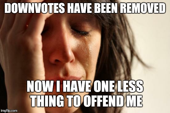 First World Problems Meme | DOWNVOTES HAVE BEEN REMOVED NOW I HAVE ONE LESS THING TO OFFEND ME | image tagged in memes,first world problems | made w/ Imgflip meme maker