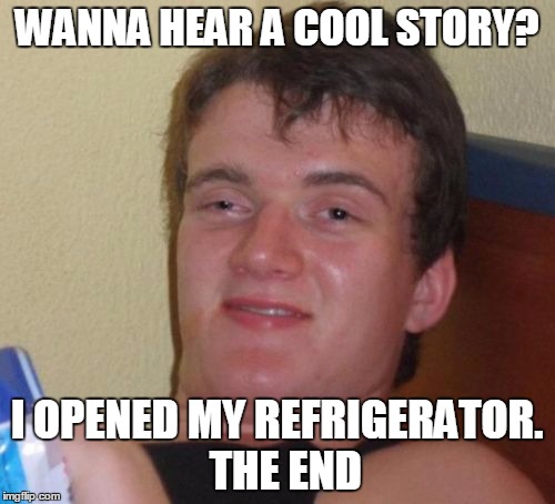 10 Guy Meme | WANNA HEAR A COOL STORY? I OPENED MY REFRIGERATOR.  THE END | image tagged in memes,10 guy | made w/ Imgflip meme maker