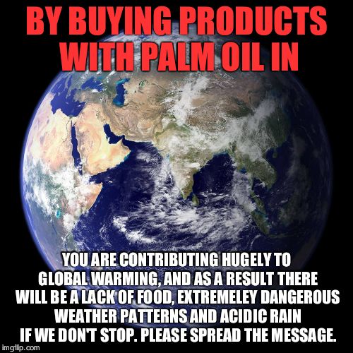 This is very, very important; not many people know about it, so please share it on Facebook or something to spread the message.  | BY BUYING PRODUCTS WITH PALM OIL IN YOU ARE CONTRIBUTING HUGELY TO GLOBAL WARMING, AND AS A RESULT THERE WILL BE A LACK OF FOOD, EXTREMELEY  | image tagged in earth first | made w/ Imgflip meme maker