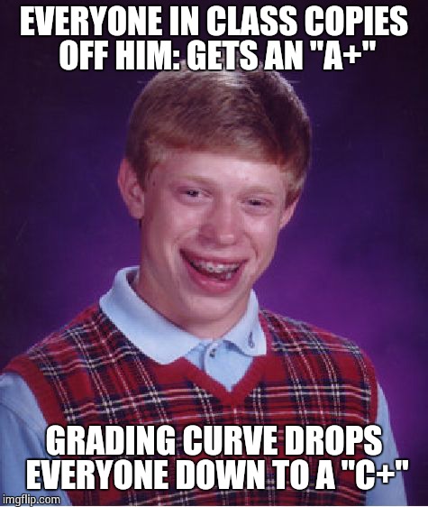 Bad Luck Brian Meme | EVERYONE IN CLASS COPIES OFF HIM: GETS AN "A+" GRADING CURVE DROPS EVERYONE DOWN TO A "C+" | image tagged in memes,bad luck brian | made w/ Imgflip meme maker