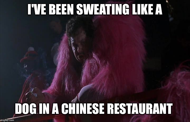 Sweaty booster. Comment your best sweaty memes! | I'VE BEEN SWEATING LIKE A DOG IN A CHINESE RESTAURANT | image tagged in sweaty booster comment your best sweaty jokes | made w/ Imgflip meme maker