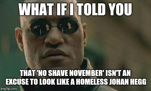 I had to tell my husband this. Figured it should be a PSA. | WHAT IF I TOLD YOU THAT 'NO SHAVE NOVEMBER' ISN'T AN EXCUSE TO LOOK LIKE A HOMELESS JOHAN HEGG | image tagged in memes,matrix morpheus | made w/ Imgflip meme maker
