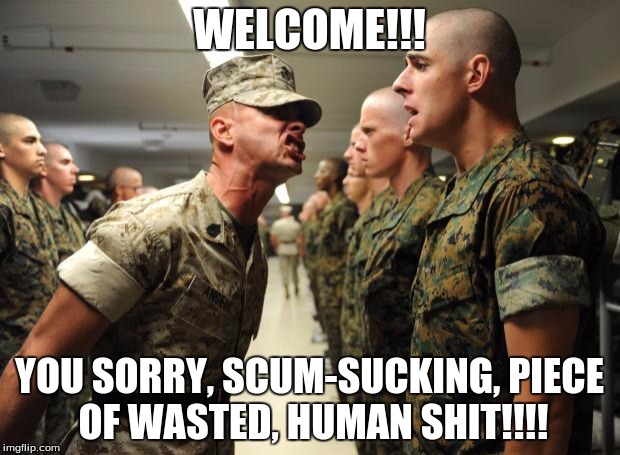 drill sergeant | WELCOME!!! YOU SORRY, SCUM-SUCKING, PIECE OF WASTED, HUMAN SHIT!!!! | image tagged in drill sergeant | made w/ Imgflip meme maker