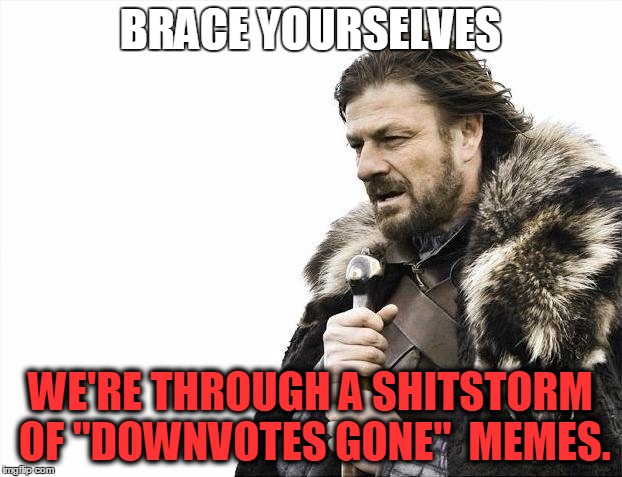 Brace Yourselves X is Coming | BRACE YOURSELVES WE'RE THROUGH A SHITSTORM OF "DOWNVOTES GONE"  MEMES. | image tagged in memes,brace yourselves x is coming | made w/ Imgflip meme maker